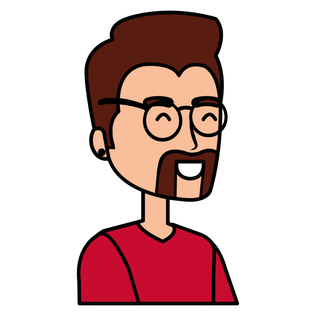 A stylized digital illustration of Graydon, featuring a smiling man with dark brown hair, glasses, and a well-groomed beard, wearing a red shirt. The fun and minimalist design captures his friendly and laid-back personality.