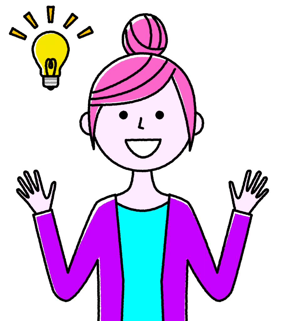 Illustration of Kristen, also known as 'Groovy Gal,' with pink hair and a light bulb above her head, symbolizing creativity and new ideas at Hippie Helper Creations.