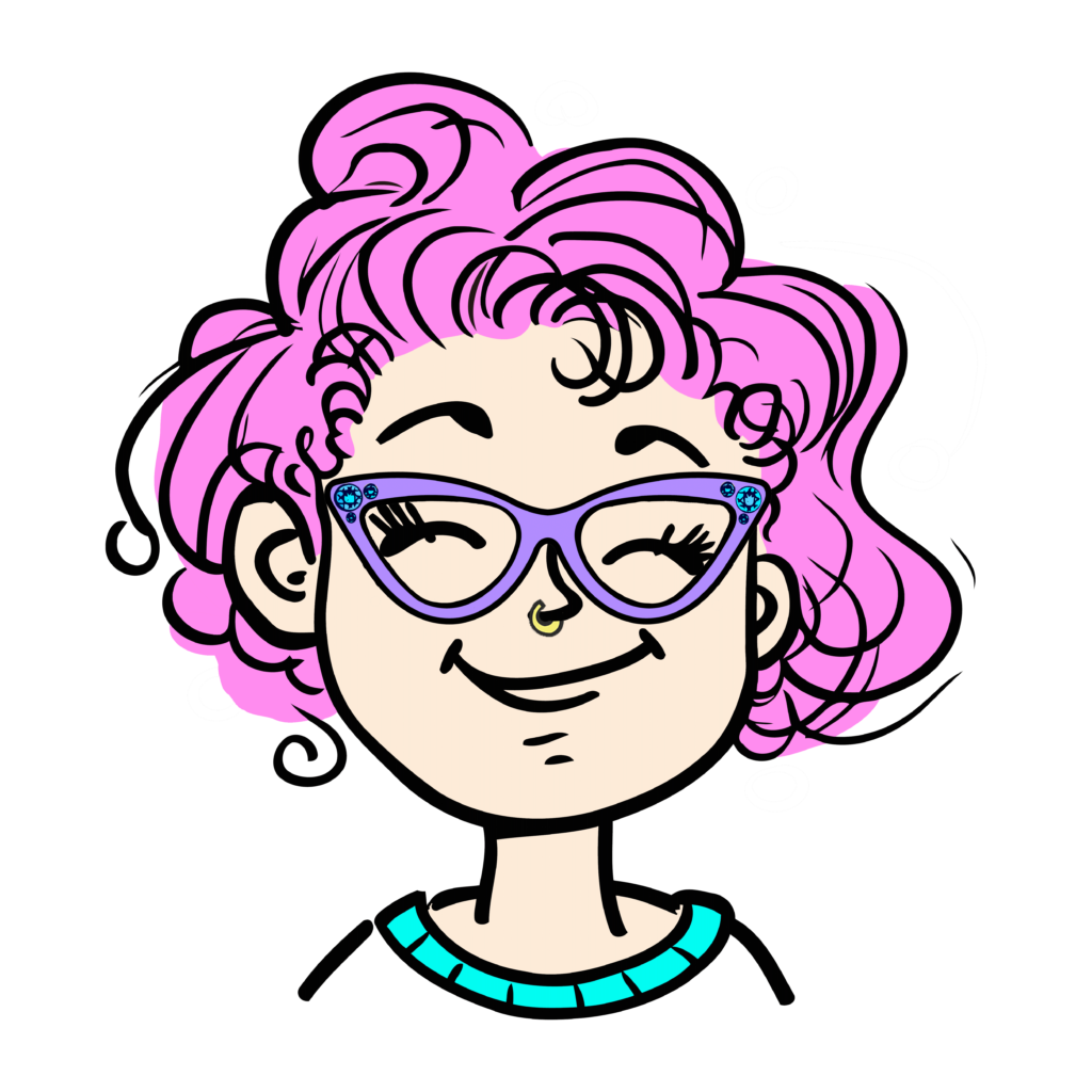 Illustration of Kristen, also known as 'Groovy Gal,' with curly pink hair, wearing purple glasses and a turquoise sweater, representing creativity and fun at Hippie Helper Creations.