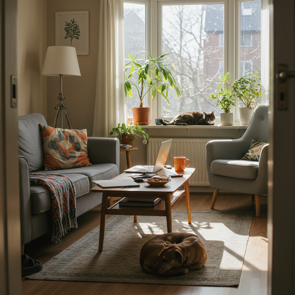 Cozy room with pets and laptop—peaceful vibes for acupuncture CEUs with Hippie Helper Creations.