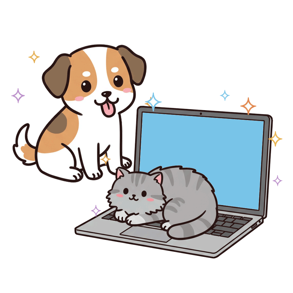 Cartoon-style dog sitting near a laptop with a large cat on the keyboard, for acupuncture CEUs with Hippie Helper Creations.