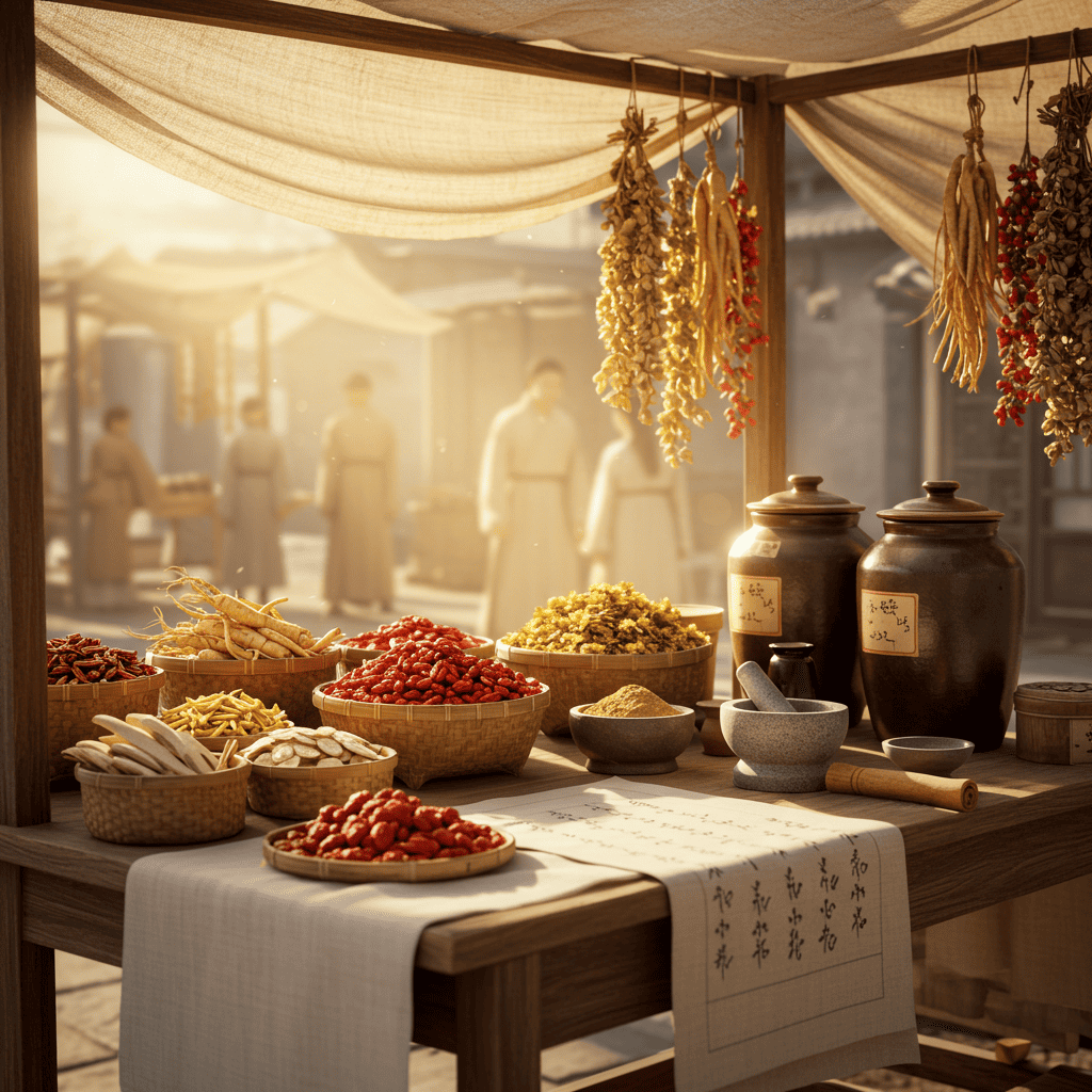 A bright, sunlit herbalist’s stall in an ancient Chinese marketplace, filled with medicinal herbs, ceramic jars, and open scrolls. This scene reflects the ancient wisdom that inspires the teachings and resources at Hippie Helper Creations.