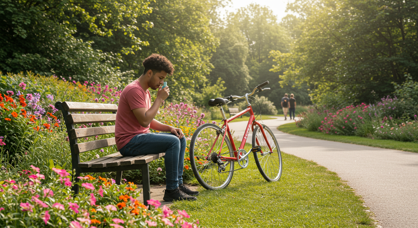 A person sitting on a park bench using an inhaler, surrounded by flowers with a bicycle next to them. This scene reflects how acupuncture can help with asthma. Hippie Helper Creations offers acupuncture CEUs focused on effective acupuncture for asthma.