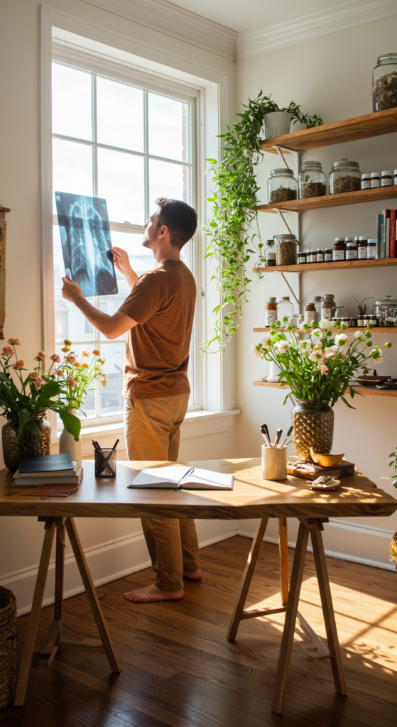 A person in a cozy, well-lit room examining an X-ray by a window, surrounded by shelves of herbs and plants. The scene represents a thoughtful, holistic approach to health, aligning with acupuncture for asthma treatments, offered through Hippie Helper Creations’ acupuncture CEUs.