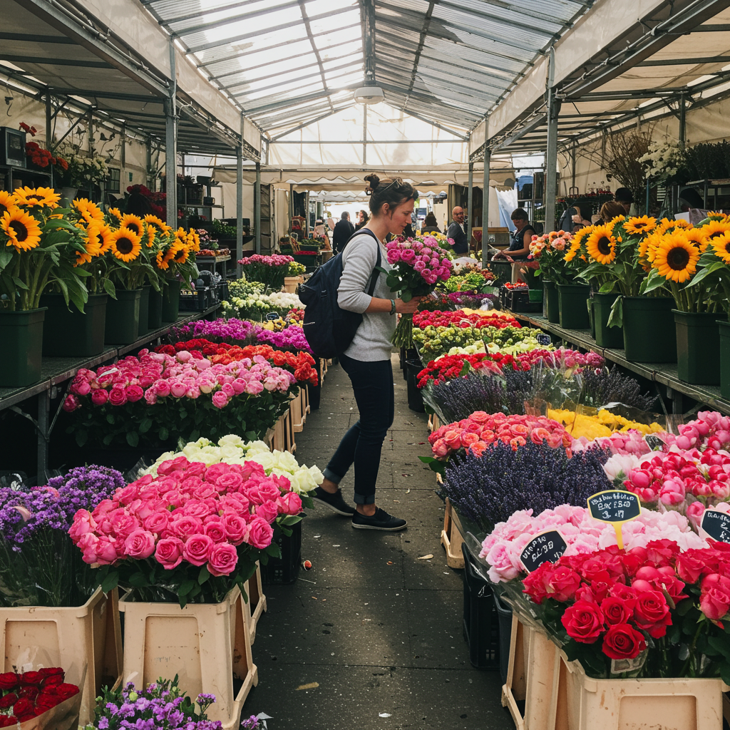 A person walking through a vibrant flower market, smiling while holding a bouquet of pink roses. This scene represents the relief and joy that acupuncture for asthma can bring, offering patients the freedom to fully enjoy life, as seen through Hippie Helper Creations’ acupuncture CEUs.