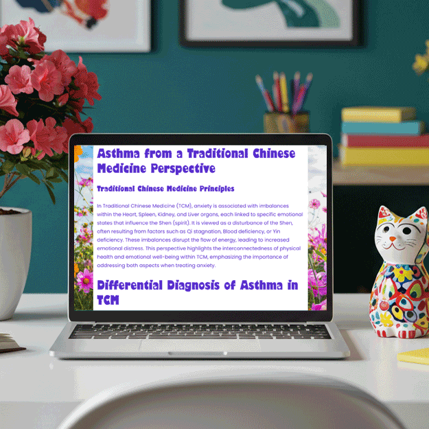 Colorful home office scene featuring a modern desk with a laptop, a blooming potted azalea, and a ceramic cat sculpture, set against a teal wall with bold, artistic decor. Bright natural light and creative details reflect the cheerful, organized style of Hippie Helper Creations, offering acupuncture CEUs in a vibrant, welcoming space.
