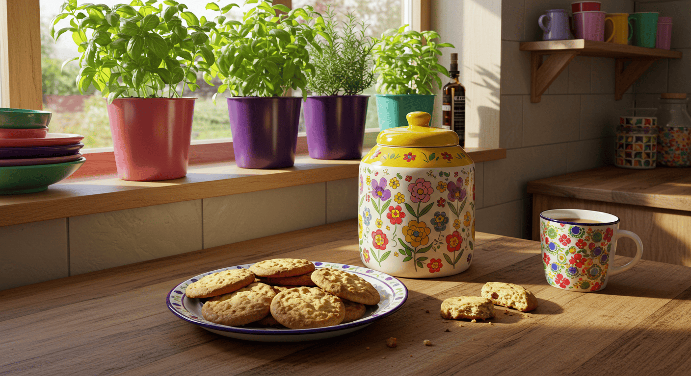 A cozy kitchen scene with a floral cookie jar, a plate of cookies, and a colorful mug. At Hippie Helper Creations, our cookie policy is simple—we only use essential cookies to protect your privacy while you browse.