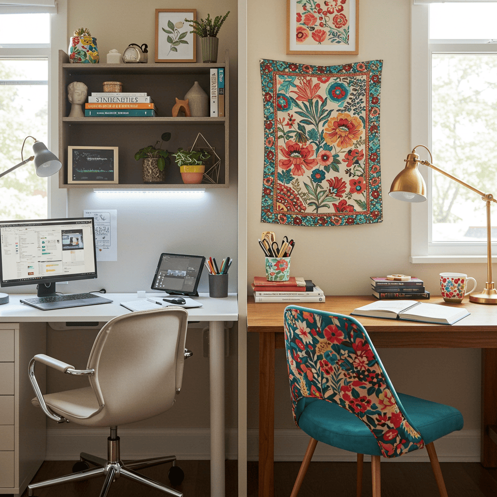Two study spaces—tech and cozy—showing personalized acupuncture CEUs with Hippie Helper Creations.