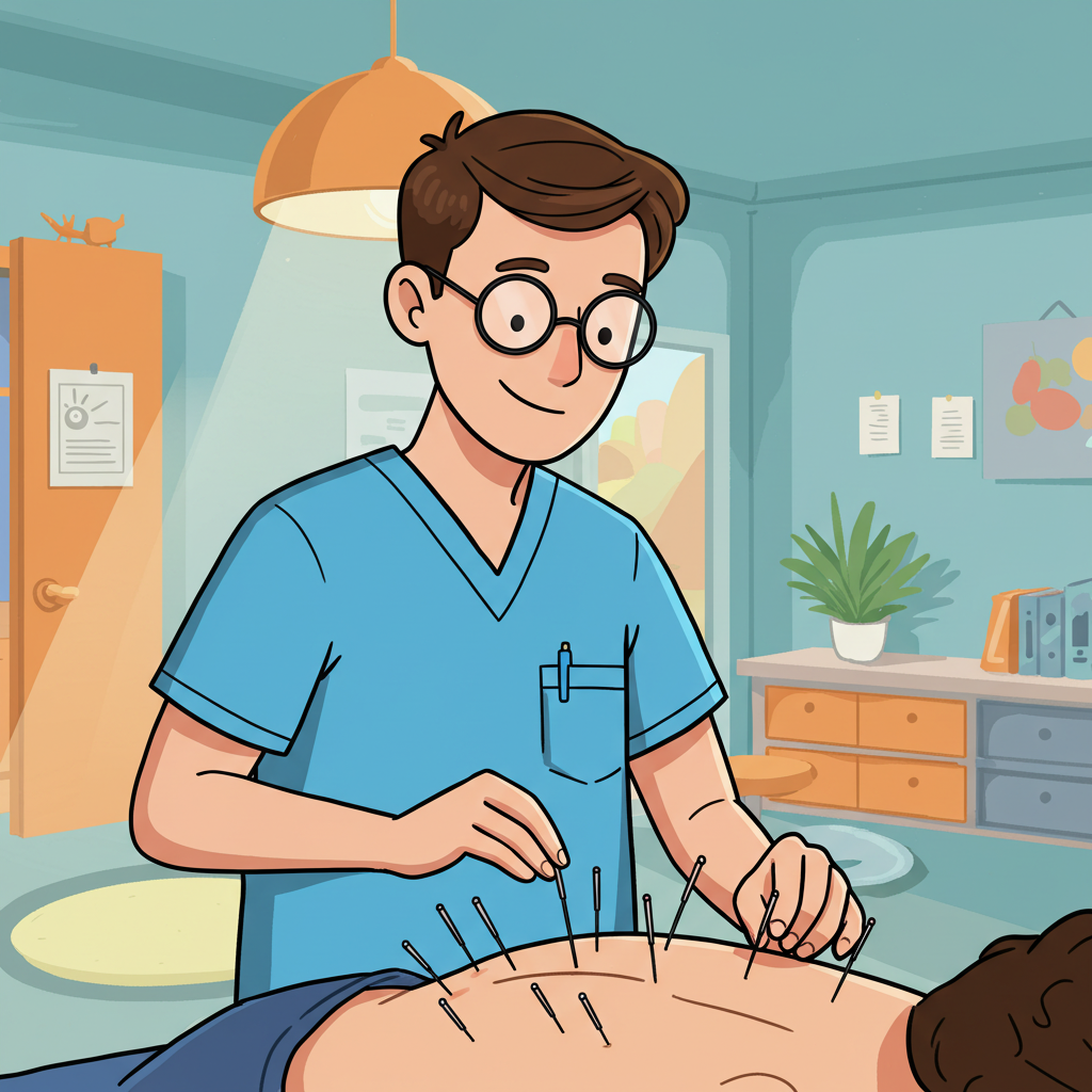 Graydon performing acupuncture on a patient’s back in a clinic setting, demonstrating his acupuncture expertise honed at his clinic, Axis Natural Medicine.