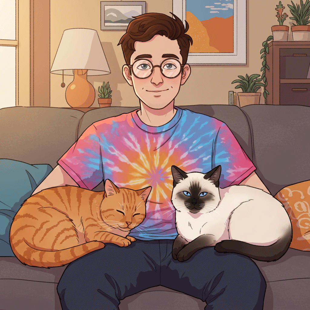 Graydon sitting on a sofa in a tie-dye shirt, relaxing with an orange tabby and a Snowshoe cat curled up beside him.