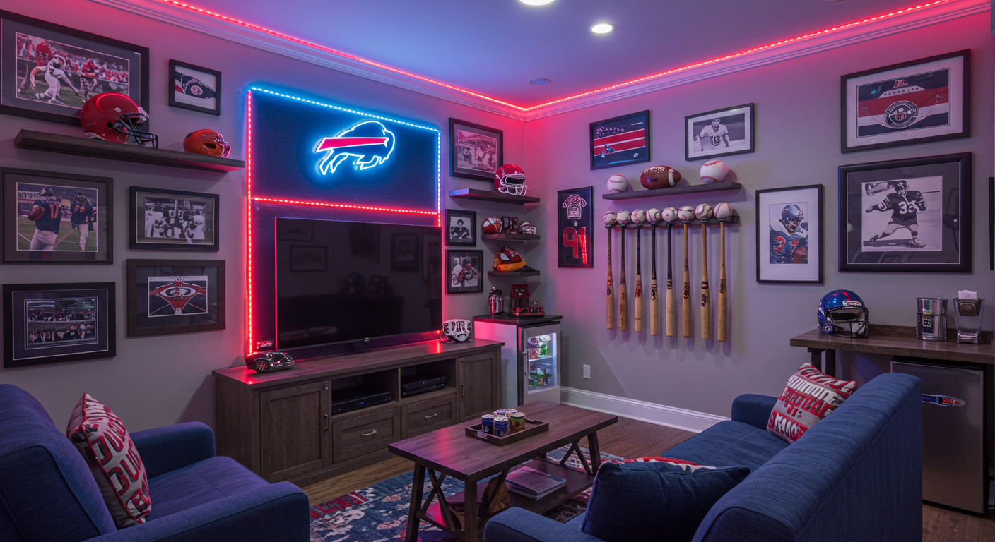 Graydon’s man-cave, filled with Buffalo Bills memorabilia and various sports collectibles, creating a space perfect for relaxation and game-watching.