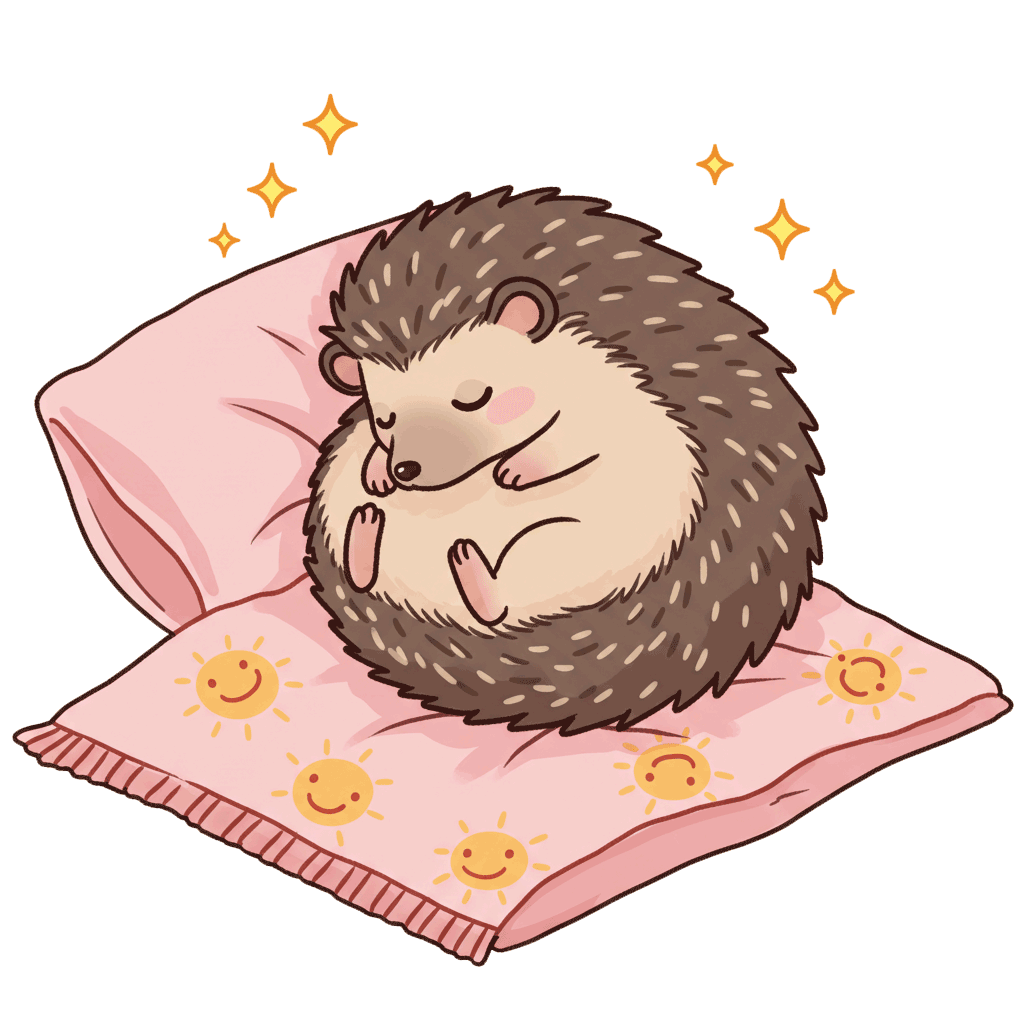 Curled cartoon hedgehog on a cozy blanket with suns and sparkles, for acupuncture CEUs by Hippie Helper Creations.