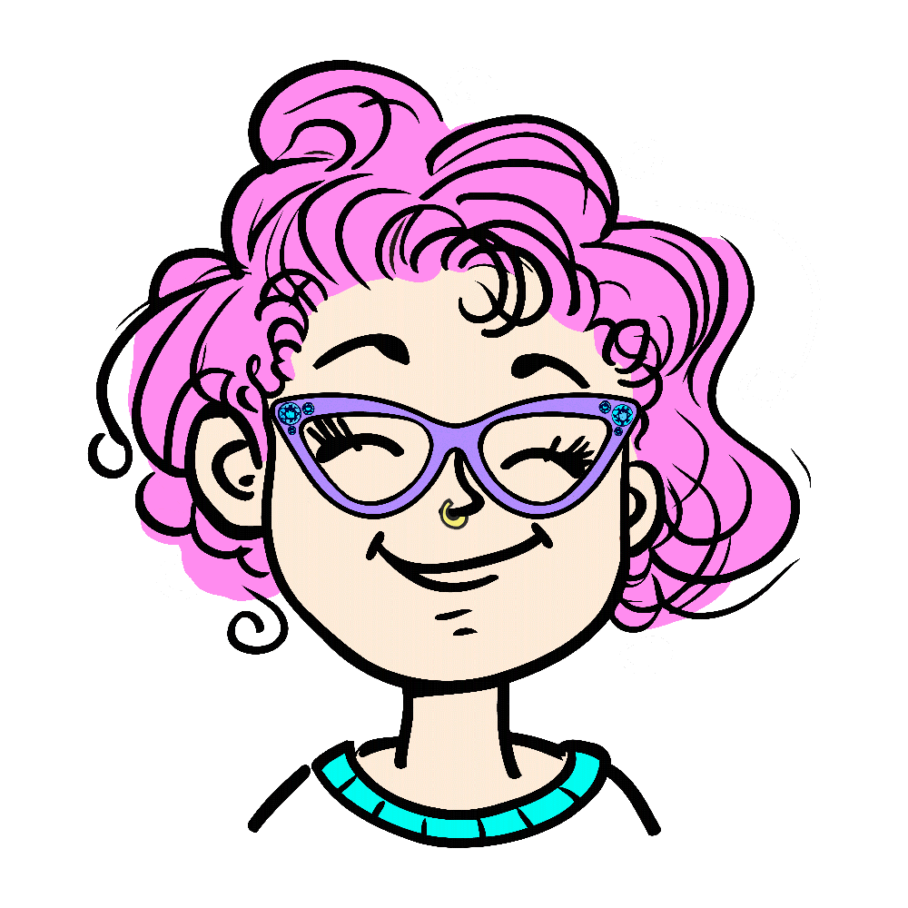 Cartoon self-portrait of Kristen, the fun and friendly face behind these science and acupuncture courses, rocking curly pink hair, purple cat-eye glasses, and a gold nose ring.