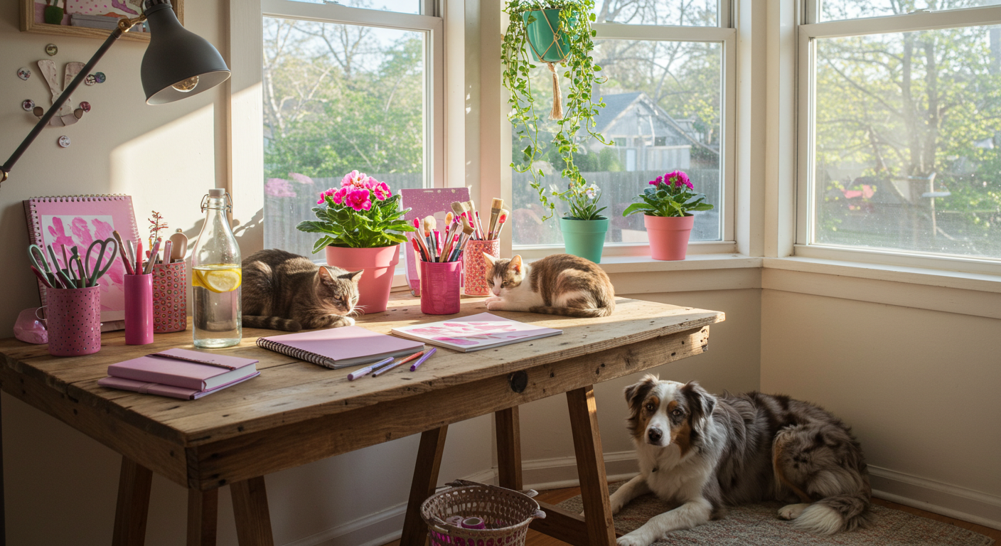 A sunlit creative workspace filled with pink-themed art supplies, sketchbooks, and blooming flowers. Two relaxed cats lounge on a rustic wooden desk, while an Australian Shepherd rests on a cozy rug below. The scene embodies the artistic, free-spirited essence of Groovy Gal.