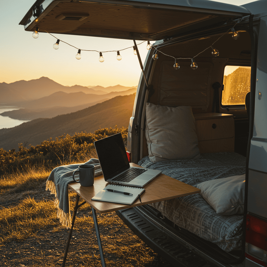 Camper desk with sunset and coffee—acupuncture CEUs with Hippie Helper Creations, anywhere you go.