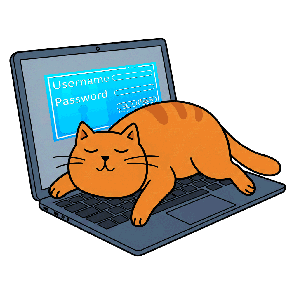 Cartoon cat on laptop blocking login screen. Sticker-style for Hippie Helper Creations acupuncture CEUs.