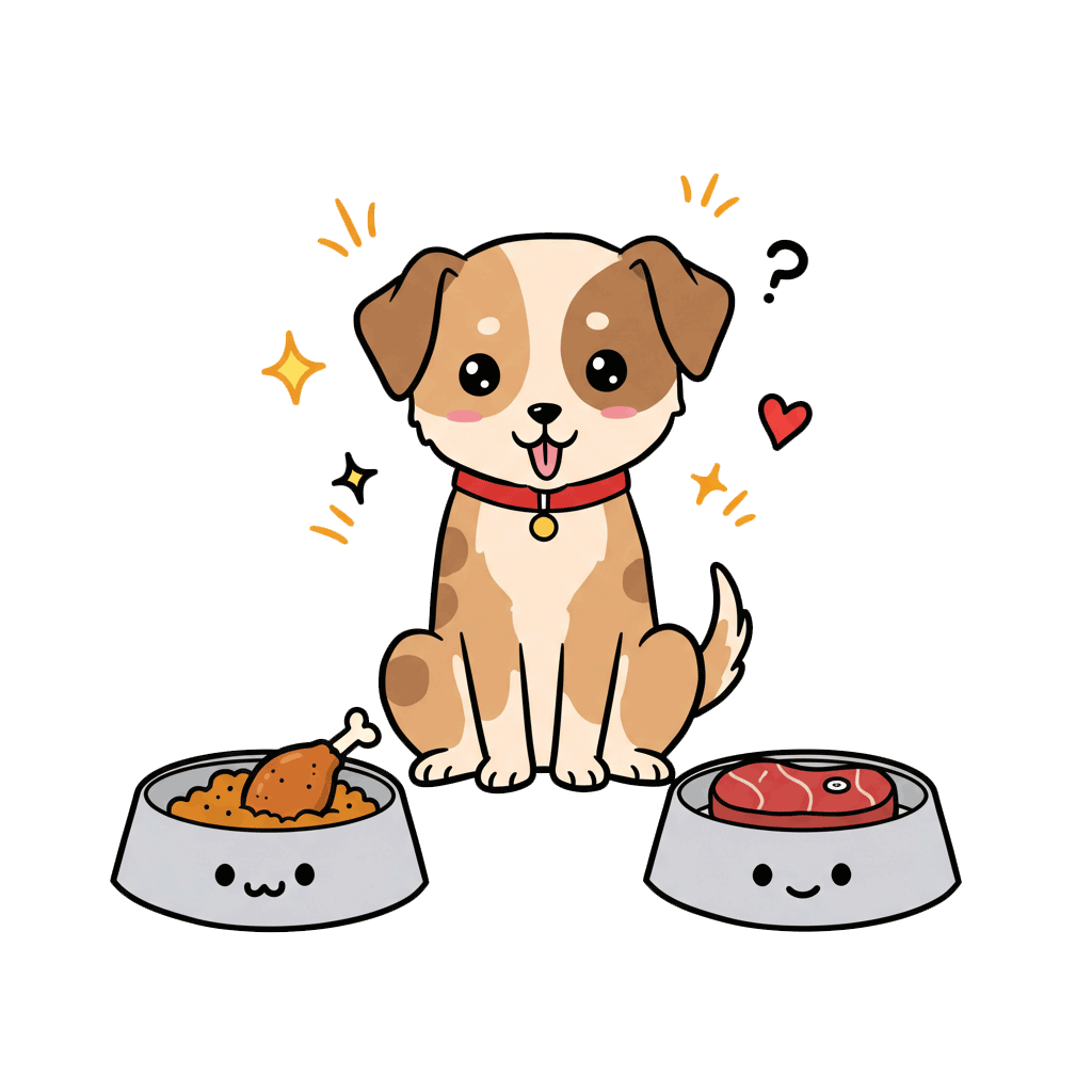 Cartoon dog between two food bowls, looking unsure. Sticker-style for Hippie Helper Creations CEUs.