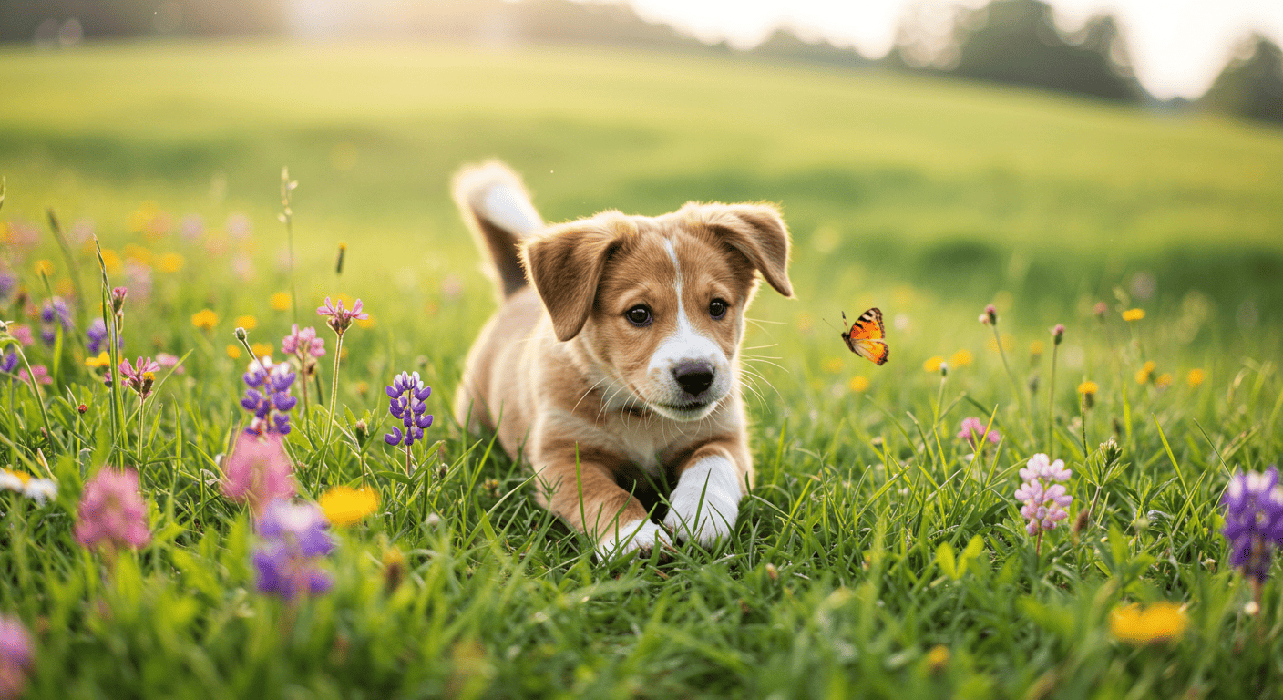 Curious puppy in wildflowers chasing butterfly—whimsical password reset for acupuncture CEUs by Hippie Helper Creations.