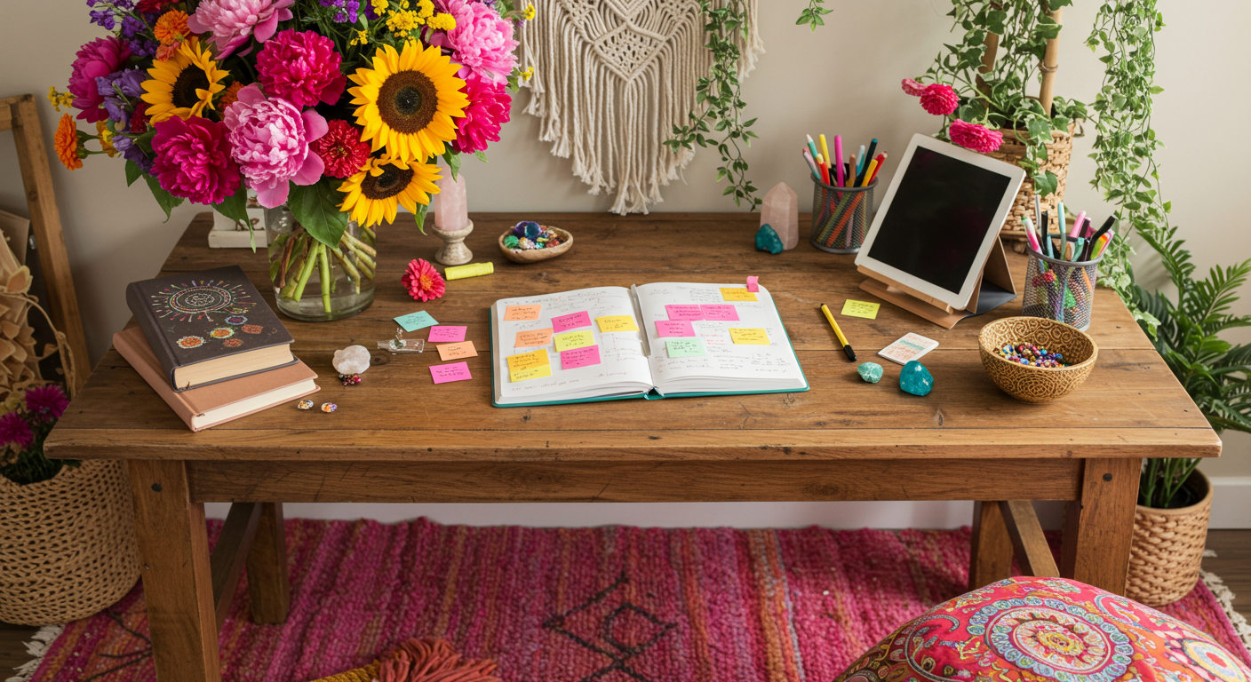 Creative space with plants and notes, where acupuncture CEUs from Hippie Helper Creations feel fun.