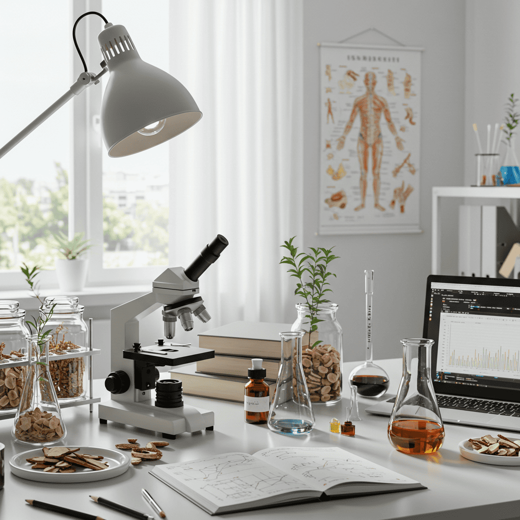 A bright, modern research lab studying Traditional Chinese Medicine, with herbal samples, scientific equipment, and a single acupuncture chart. This scene represents the modern research and evolving references that shape the teachings at Hippie Helper Creations.