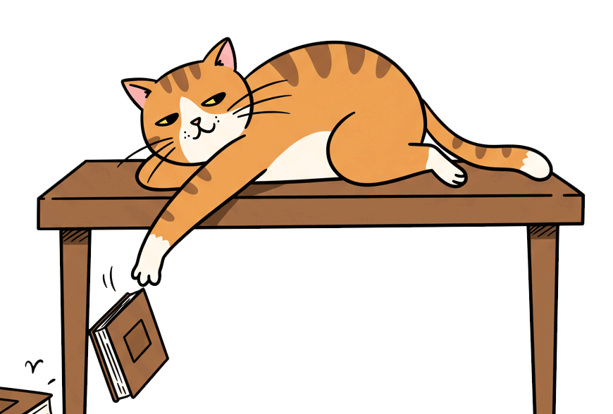 Cartoon cat lying on a table, lazily extending a paw toward a book that’s fallen off the edge and is now under the table. The cat looks calm and smug, clearly done with references. Hand-drawn sticker style, perfect for Hippie Helper Creations and acupuncture CEUs.