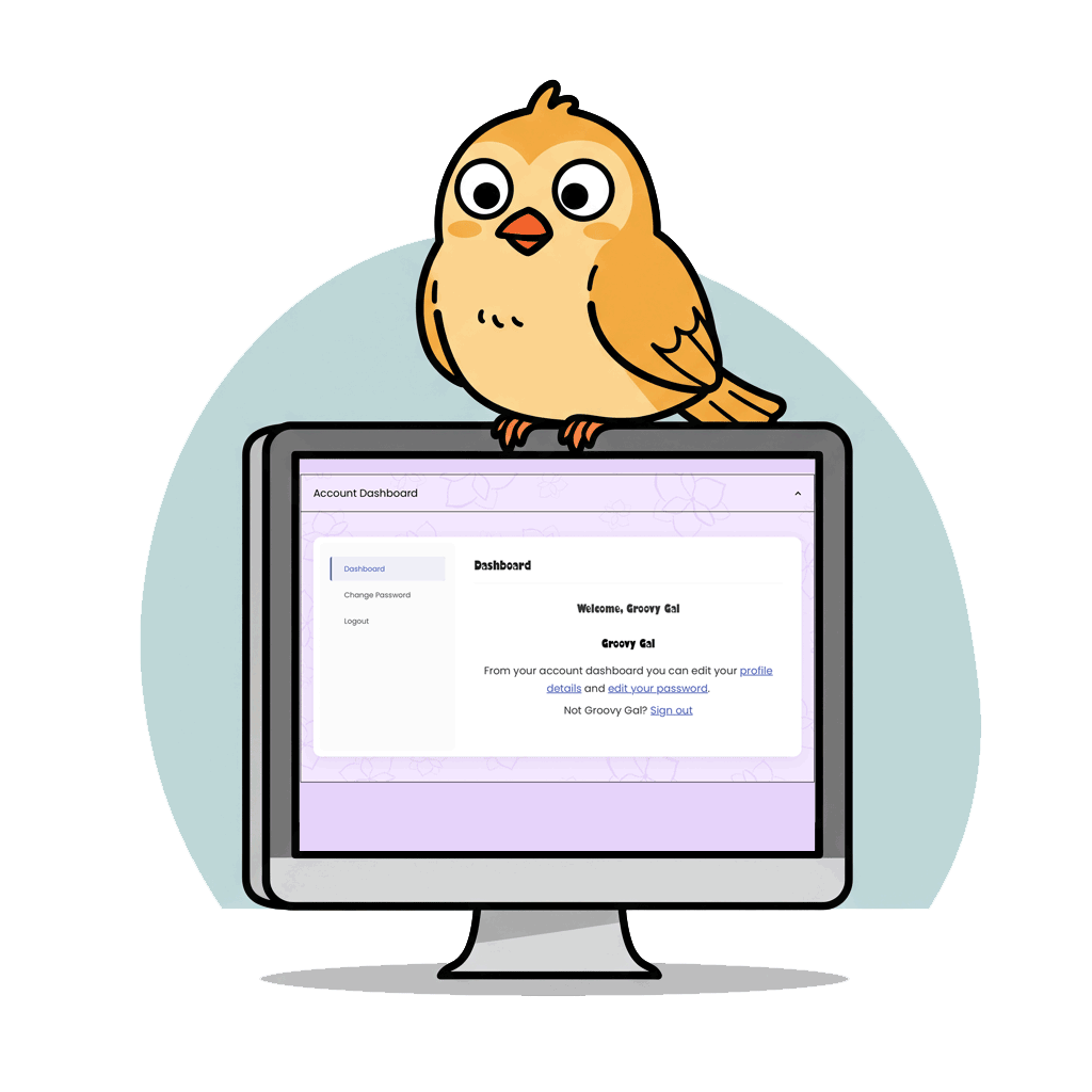 Cartoon bird perched on computer—curiously watching account settings for your acupuncture CEUs at Hippie Helper Creations.