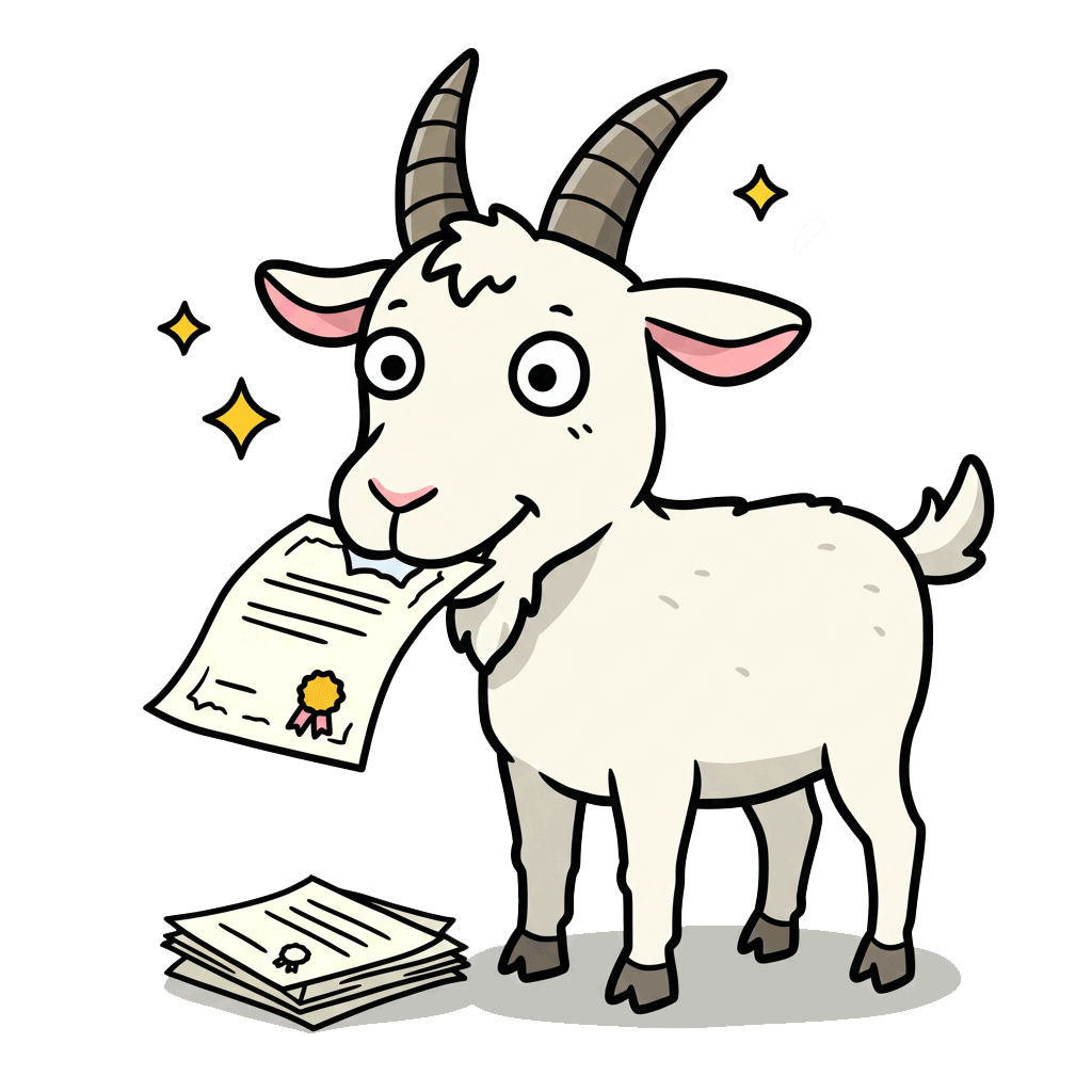 Cartoon goat chewing a certificate—playful image for “My Certificates” at Hippie Helper Creations acupuncture CEUs.