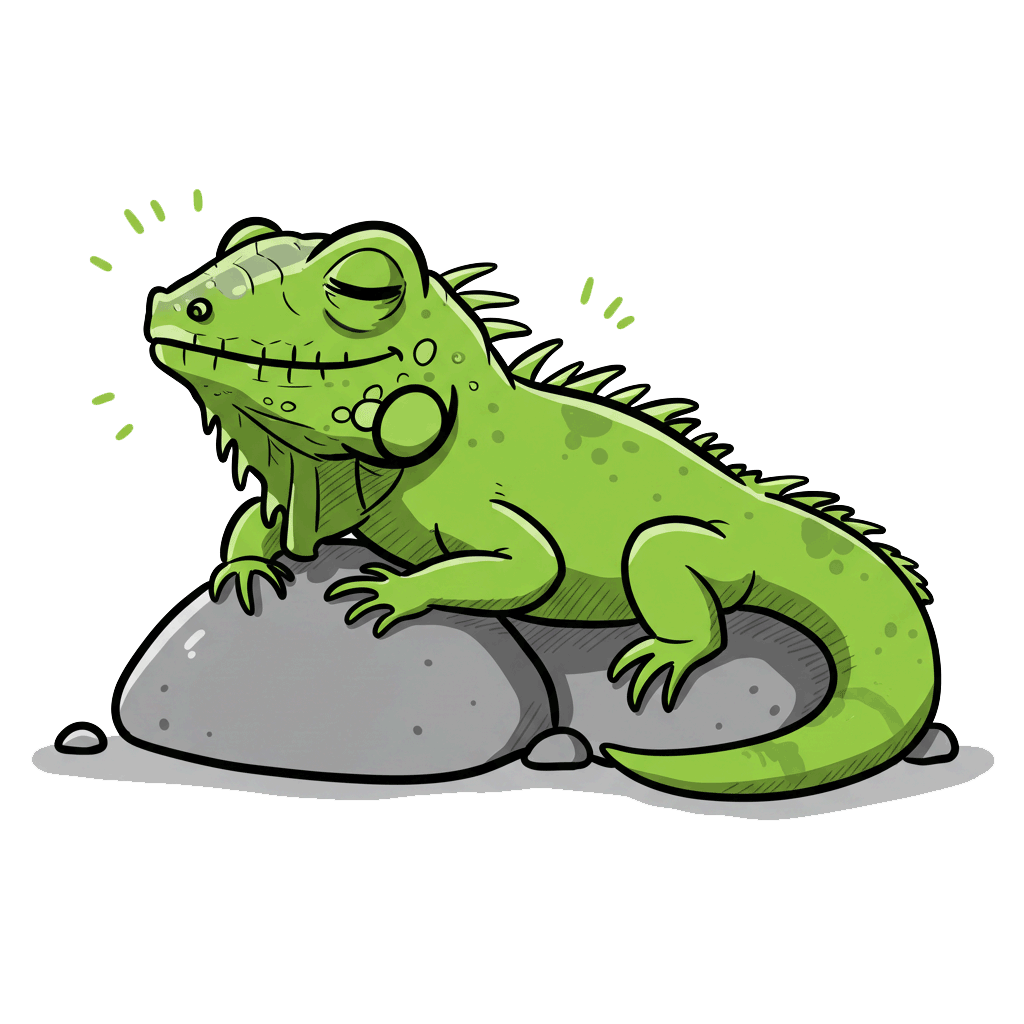 Cartoon lizard waving from a sunny rock—welcoming lizard lovers back to acupuncture CEUs at Hippie Helper Creations.