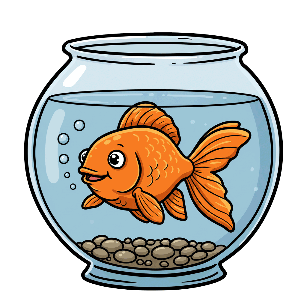 Cartoon goldfish smiling in a fishbowl—playful image for “My Courses” at Hippie Helper Creations acupuncture CEUs.