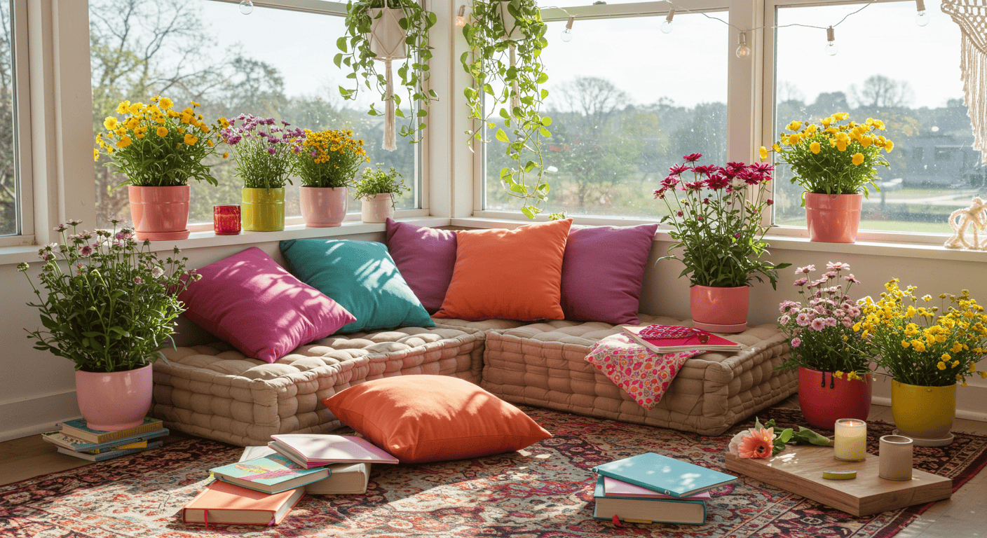 Cozy study nook with cushions, flowers, and sunlight—student portal for acupuncture CEUs by Hippie Helper Creations.