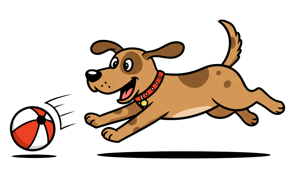 Cartoon dog happily retrieving a ball—symbolizing completed terms and conditions for acupuncture CEUs by Hippie Helper Creations.
